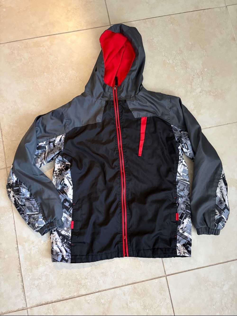 Kids Arctic Quest Black & Gray Hooded Rain Jacket with Red Fleece Lining